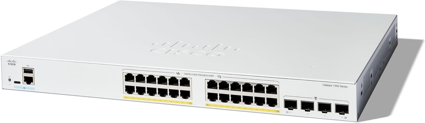 Cisco C1300 24-Port Gigabit Ethernet (PoE+ 195W) + 4-Port Gigabit SFP Uplink Managed 交換機 - C1300-24P-4G-UK