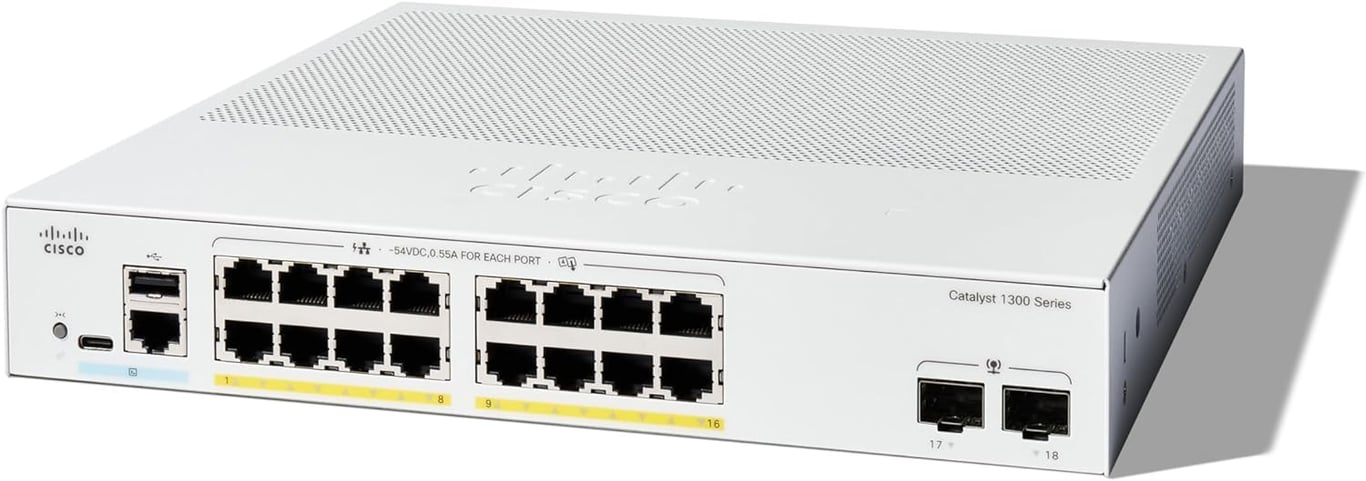 Cisco C1300 16-Port Gigabit (PoE+ 120W) + 2-Port Gigabit SFP Uplink Managed 交換機 - C1300-16P-2G-UK