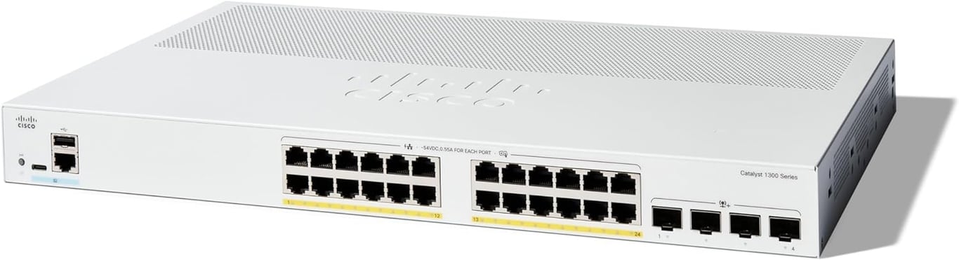 Cisco C1300 24-Port Gigabit Ethernet (PoE+ 375W) + 4-Port 10G SFP+ Uplink Managed 交換機 - C1300-24FP-4X-UK