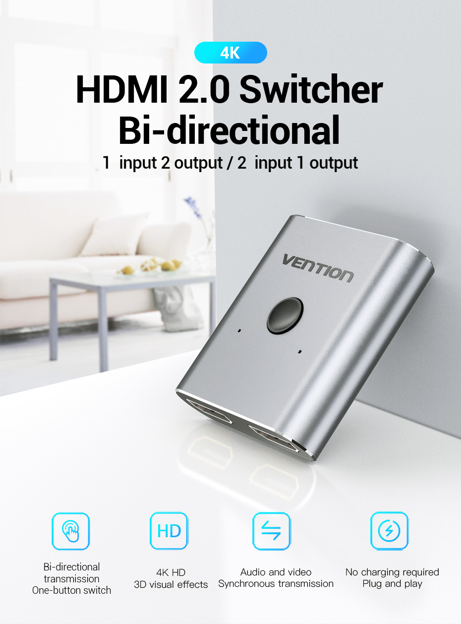 VENTION AFUH0 2-Port HDMI Bi-Direction Switcher Silver