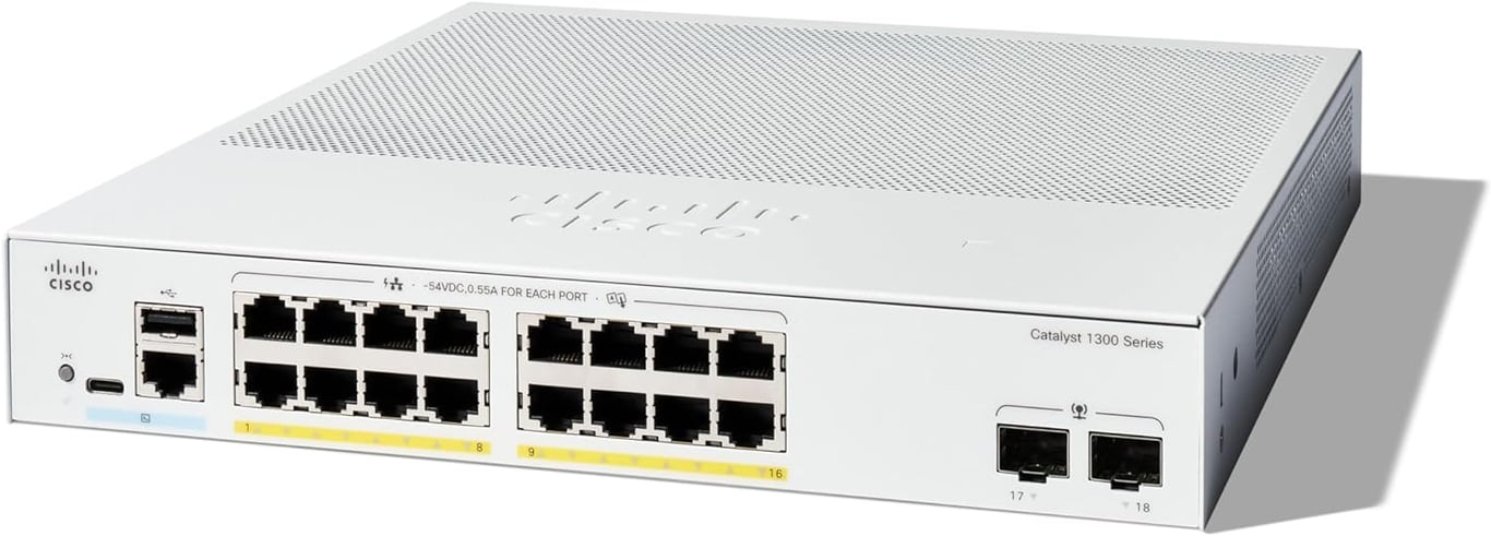 Cisco C1300 16-Port Gigabit (PoE+ 240W) + 2-Port Gigabit SFP Uplink Managed 交換機 - C1300-16FP-2G-UK