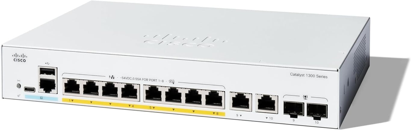 Cisco C1300 8-Port Gigabit (PoE+ 67W) + 2-Port Gigabit RJ45 / SFP Combo Uplink Managed 交換機 - C1300-8P-2G-UK
